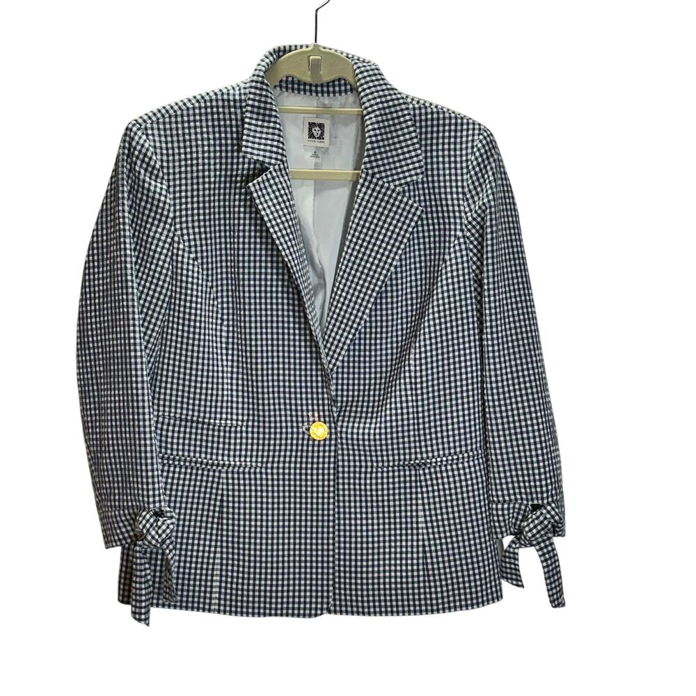 Anne Klein Classic Navy & White Gingham Blazer with Tie Cuffs